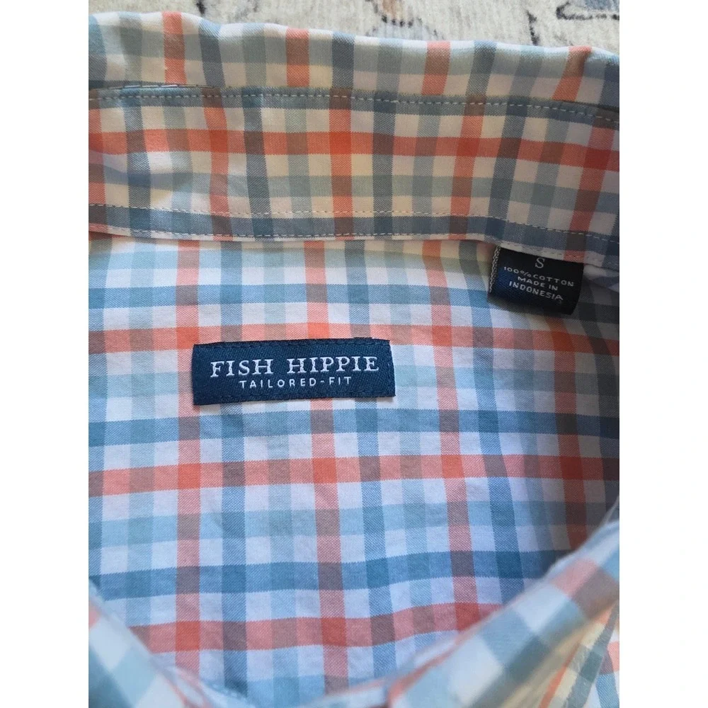 Fish Hippie Men's Small Tailored Fit‎ Coral Pink Blue Gingham Collared L/S Shirt